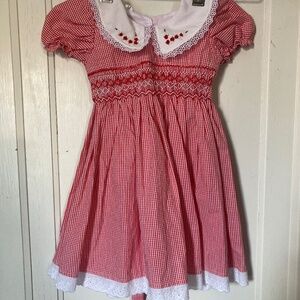 Girls Gingham Red and White Dress With Embroidered Roses Handmade